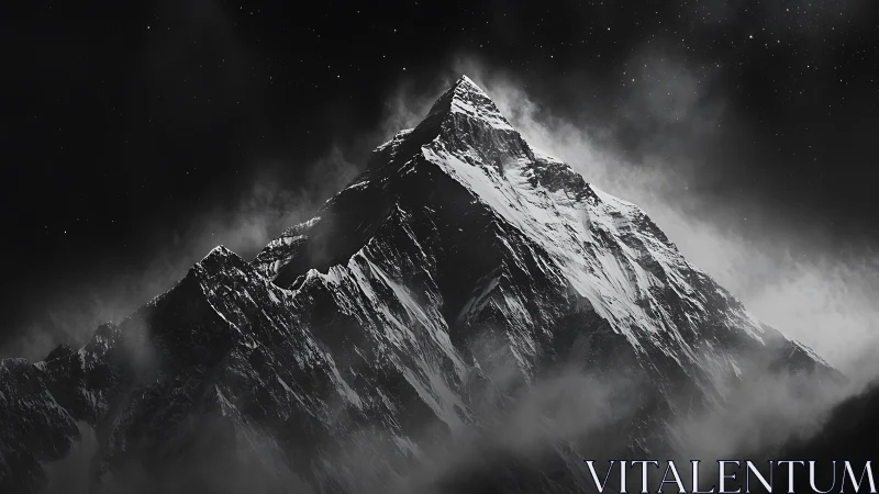 Monochrome alpine summit under nocturnal atmospheric haze.