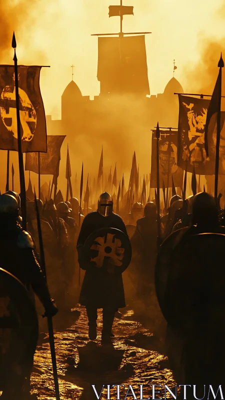 Sun-forged battlements beckon the marching knightly tide