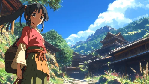 Anime traveler in mountain village under clear sky.