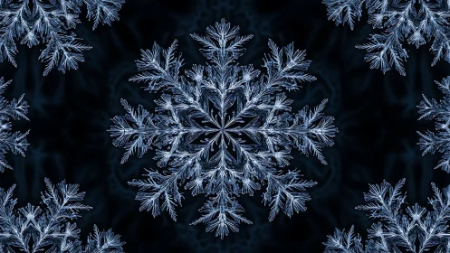 Intricate ice crystal mandala shimmers against a midnight void