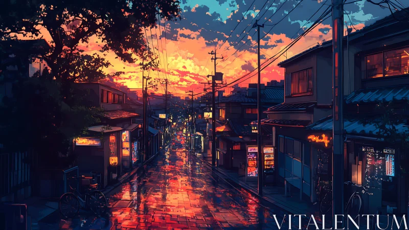Rain soaked Japanese alley at dusk with neon reflections