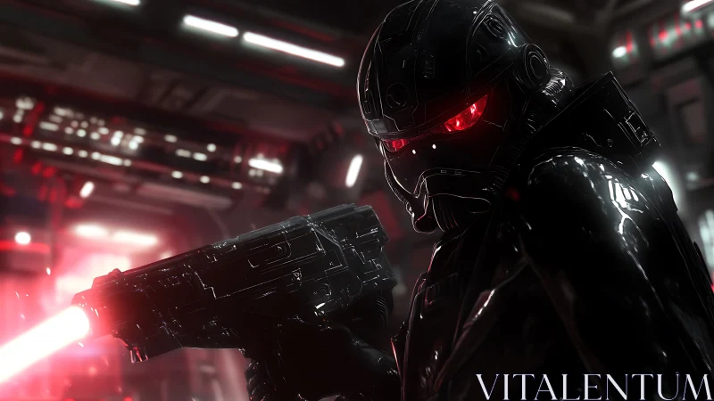 Armored space enforcer with glowing red eyes and blaster.