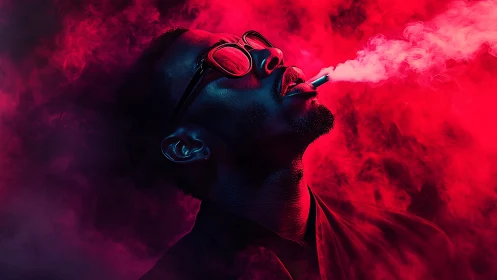 Neon-lit portrait captures smoke swirling in vivid red haze.