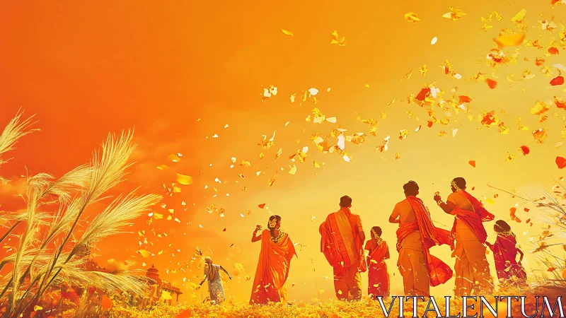Devotees in saffron robes under cascading flower petals.