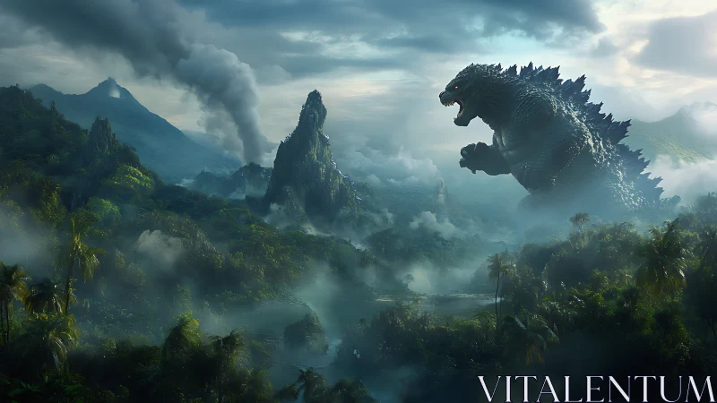 Giant reptilian creature towers above misty volcanic jungle