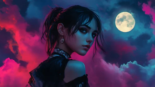 Young woman stands under full moon amid neon clouds