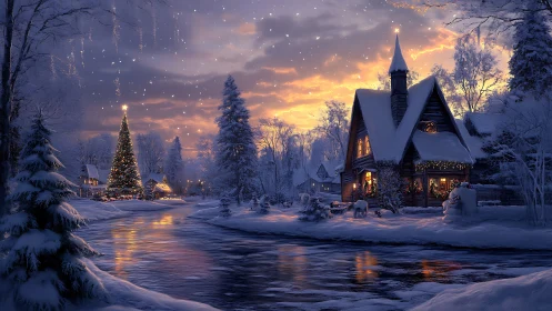 Snow-covered village houses stand beside reflective river