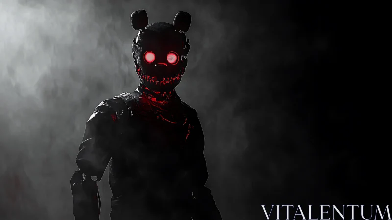 Dark robotic figure with glowing red eyes in heavy smoke.