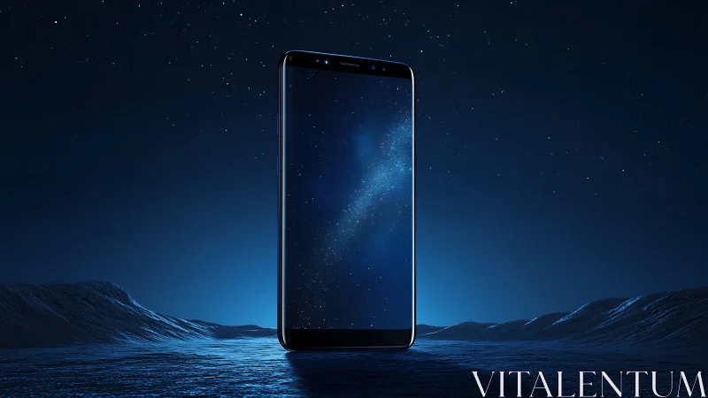 Midnight smartphone monolith crowned with a drifting galaxy.