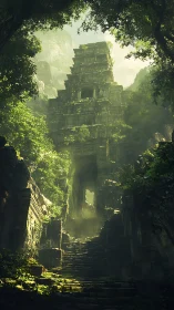 Stone jungle temple tower amid dense overgrown vegetation.