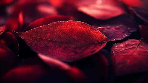 Macro study of crimson autumn leaf with shallow focus depth.