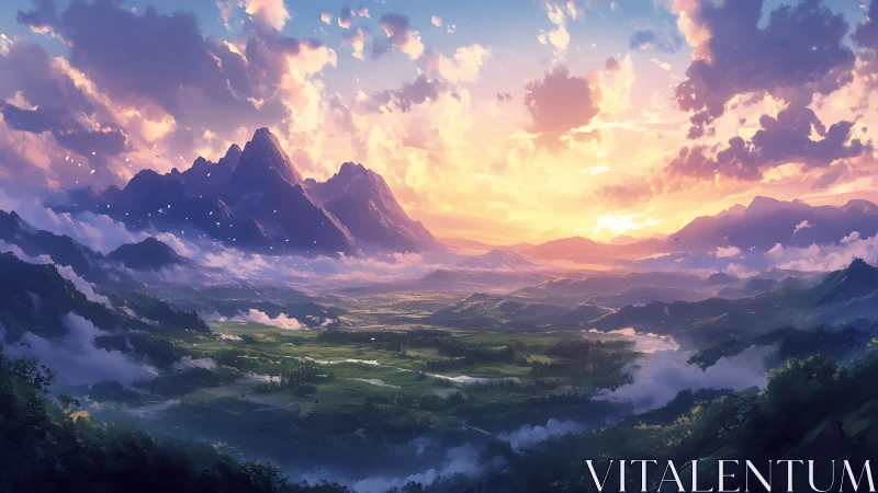 Sunrise river valley dreaming beneath towering violet peaks.