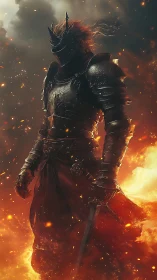 Armored fire warrior standing in flames and smoke.