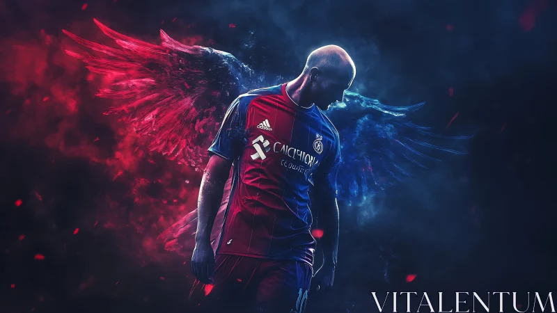 Digital painting of winged footballer in dual-color aura.