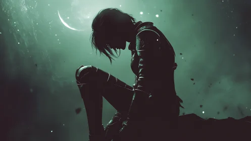 Quiet armored warrior resting beneath a distant crescent moon.