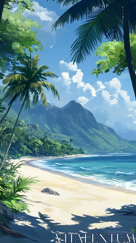 Tropical Beach Landscape with Volcanic Mountain