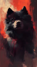 Dark fluffy dog portrait against textured red background.