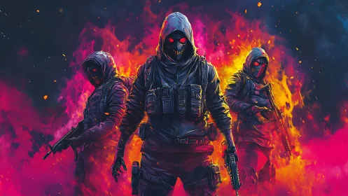 Tactical hooded operators in neon inferno, high contrast lighting