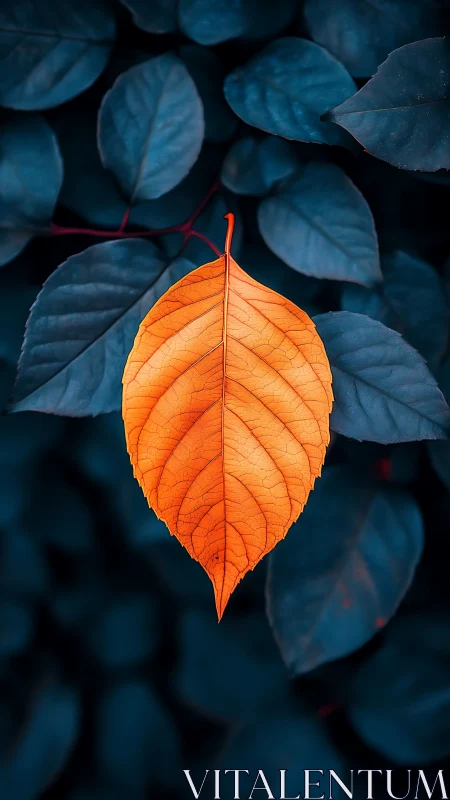 Vibrant orange leaf over deep teal foliage background.