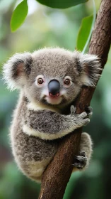 Sweet baby koala cuddling a tree in soft green light.
