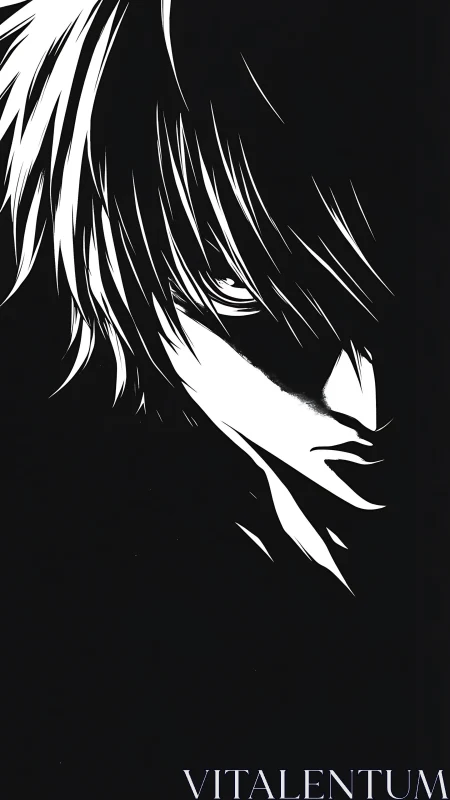 Brooding anime hero emerging from bold shadowed contrast.