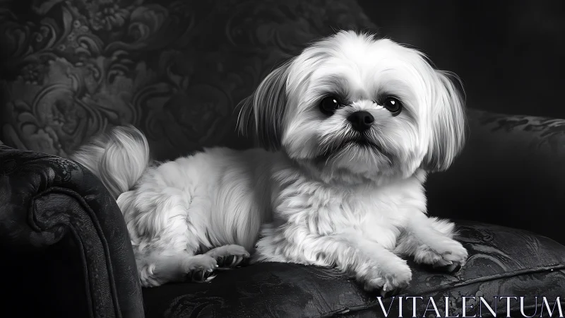 Monochrome canine portrait on baroque upholstered armchair.