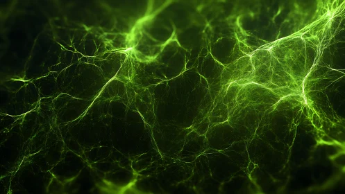 Green luminous filament network on dark abstract background.