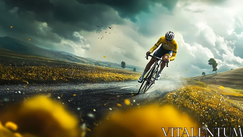 Road cyclist in yellow jersey sprinting through stormlit valley