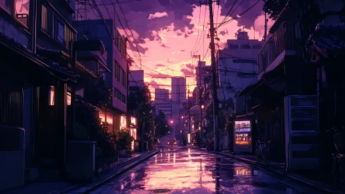 Twilight rain polishes a neon alley into liquid mirror dreams