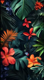 Tropical Flora Arrangement with Vibrant Red and Orange Florals Against Dark Foliage Background