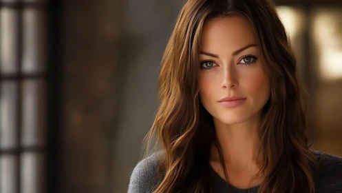 Soft-lit portrait of serene woman in warm urban hush.