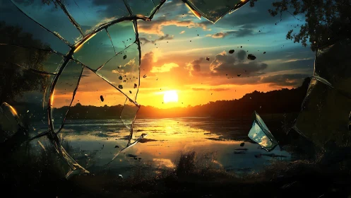 Sunset through shattered glass over a quiet reflective lake.