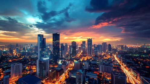 Dense modern city skyline under vivid sunset sky.