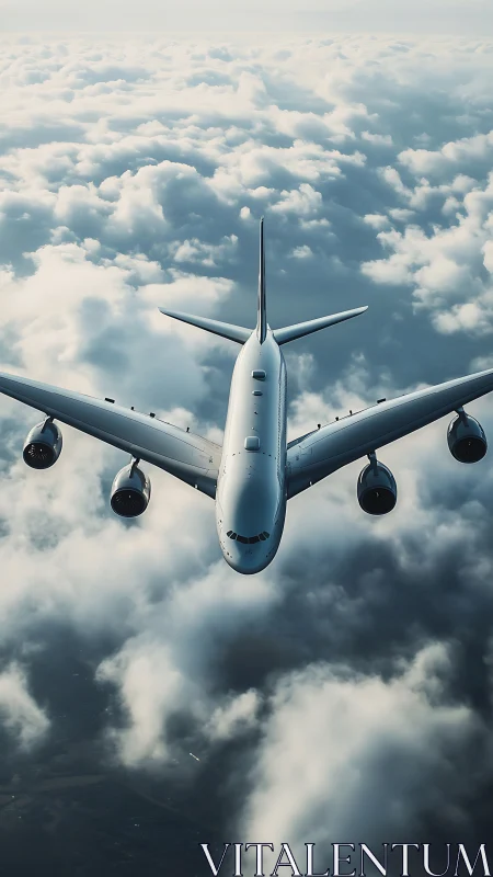 Silver skyliner slips through sculpted clouds at cruising calm