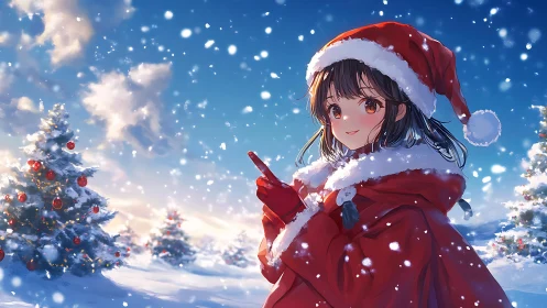 Snow-lit anime girl in Santa coat under high-contrast winter sky
