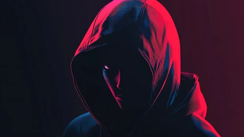 Hooded figure in red and blue neon shadowed portrait.