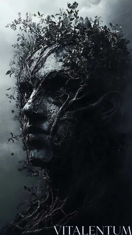 Nocturnal arboreal visage with entwined anatomical rootwork.