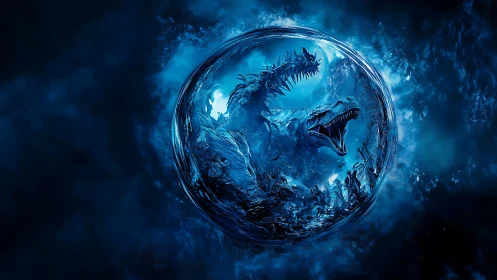 Roaring dinosaur world wrapped in a glowing cosmic orb.