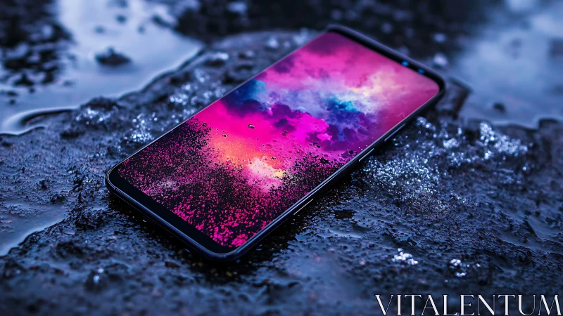 Neon storm smartphone dreaming on rain glazed asphalt.