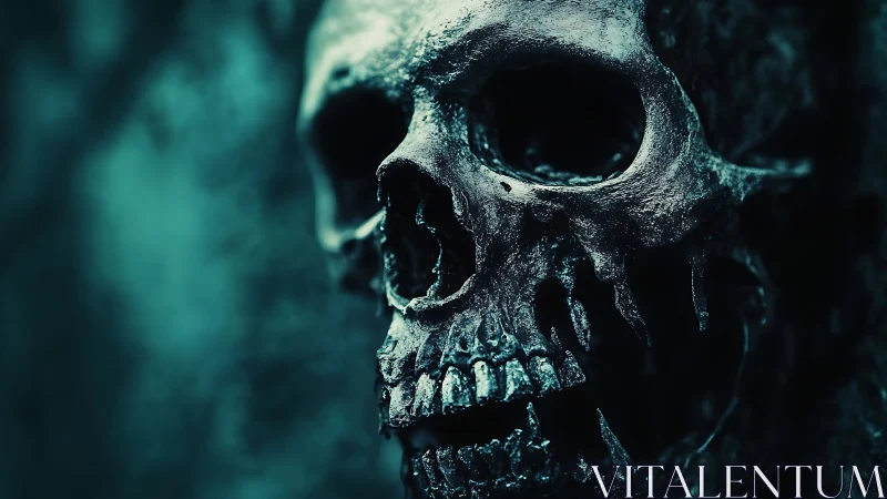 Moody teal skull study in shadows and quiet mystery.
