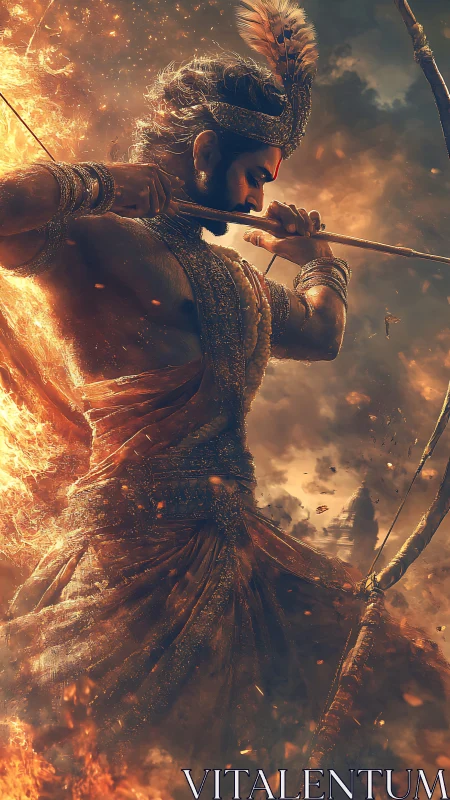 Flaming warrior archer poised amid stormy embers.