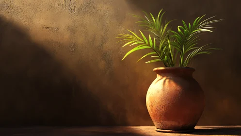 Terracotta pot with palm fronds in raking warm side light