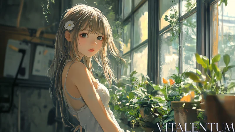 Anime girl by greenhouse window with potted plants and light.