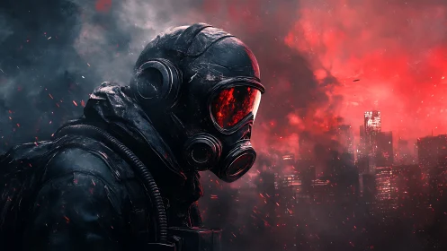 Postapocalyptic soldier in gas mask over burning cityscape.