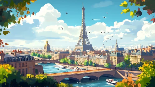 Sunlit digital panorama of Paris skyline and Eiffel Tower