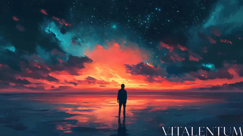 Silhouette observer under chromatic sunset and starfield horizon.