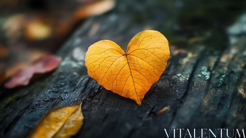 Heart-shaped golden leaf rests on weathered dark wood surface