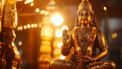 Golden temple deity in warm evening prayer glow.