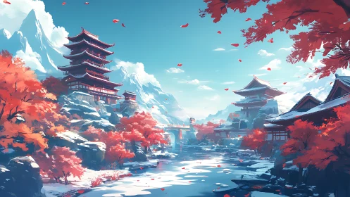 Mountain pagoda complex over frozen river in autumn light