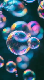 Iridescent soap bubbles float through deep teal bokeh field.